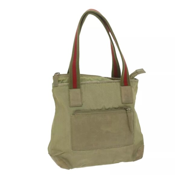 GUCCI Sherry Line Hand Bag Nylon Khaki Red - Picture 1 of 15